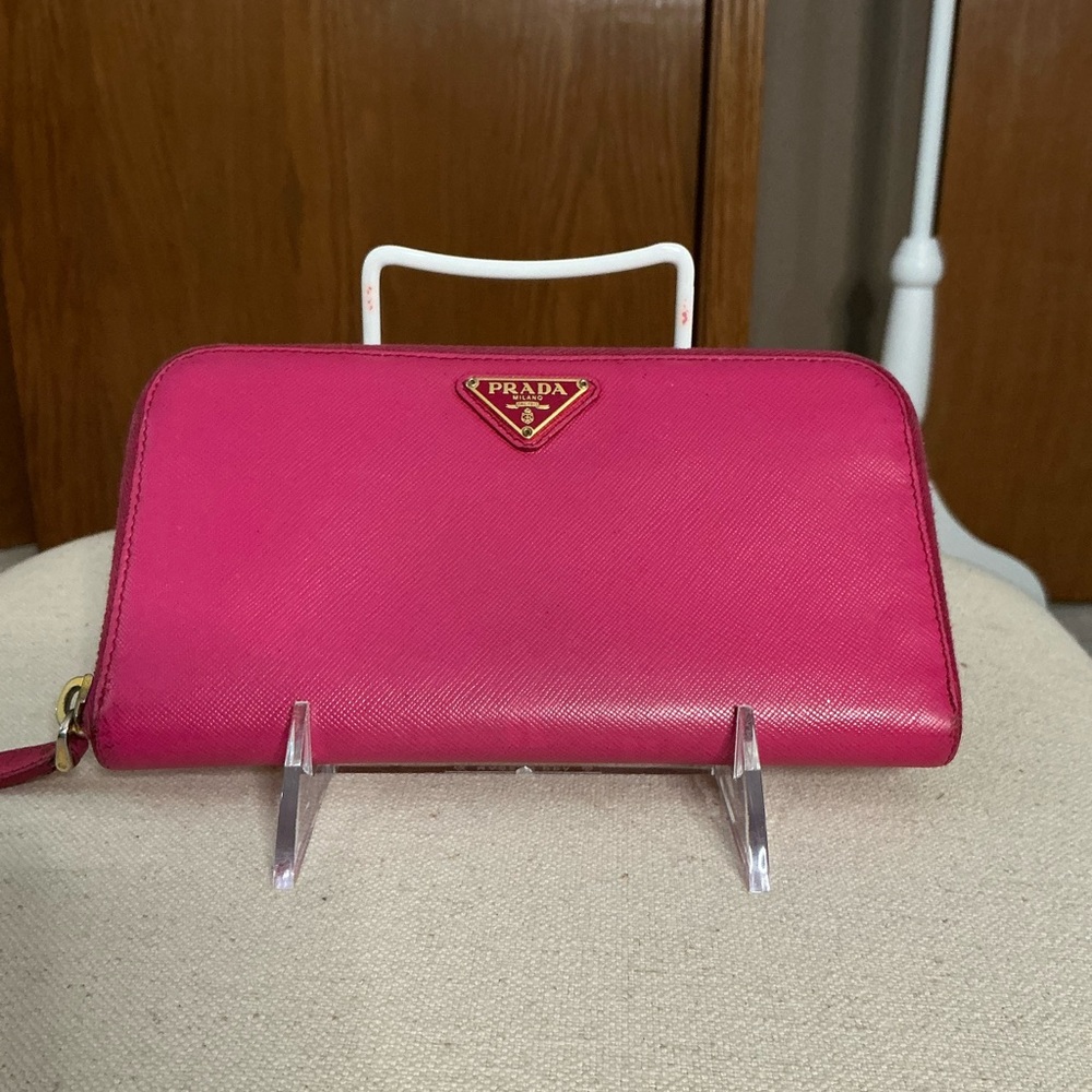 Prada Saffiano Metal Continental Zip-Around Wallet in Fuchsia/Rasberry Pink